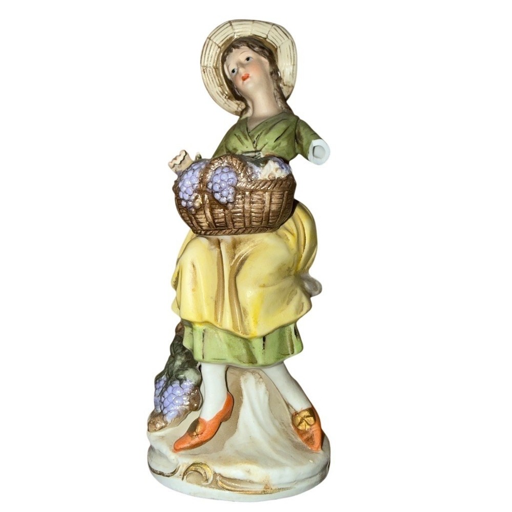 HOMCO Lady Holding Basket of Grapes Figurine Multicolor 8 in Vintage flawed